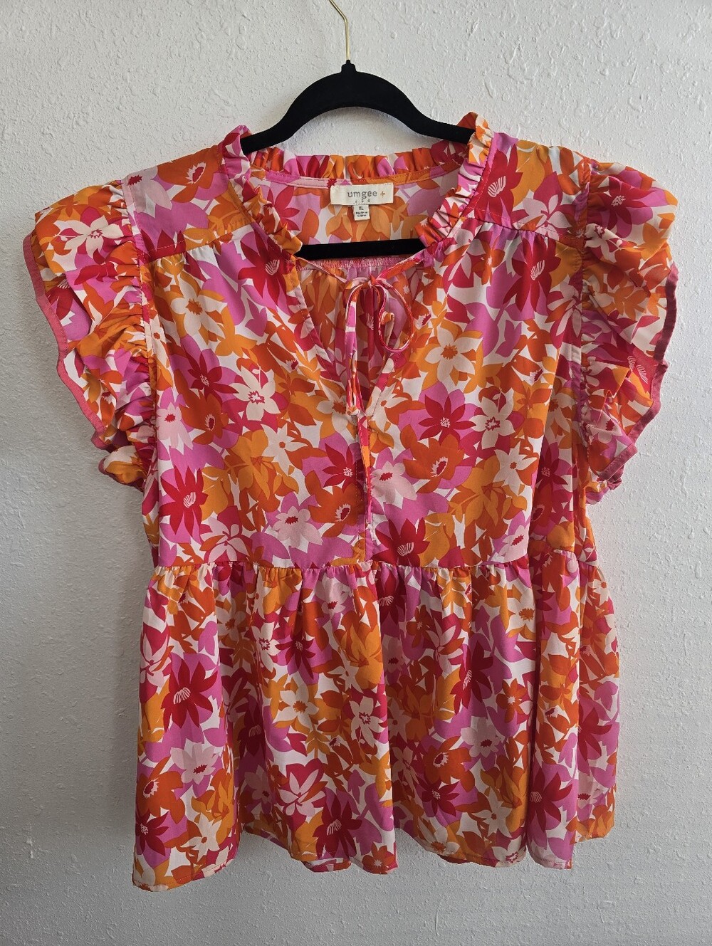 Umgee It's All For Fun Pink Floral Babydoll Blouse Sz XL Ruffle Sleeve - Picture 6 of 12